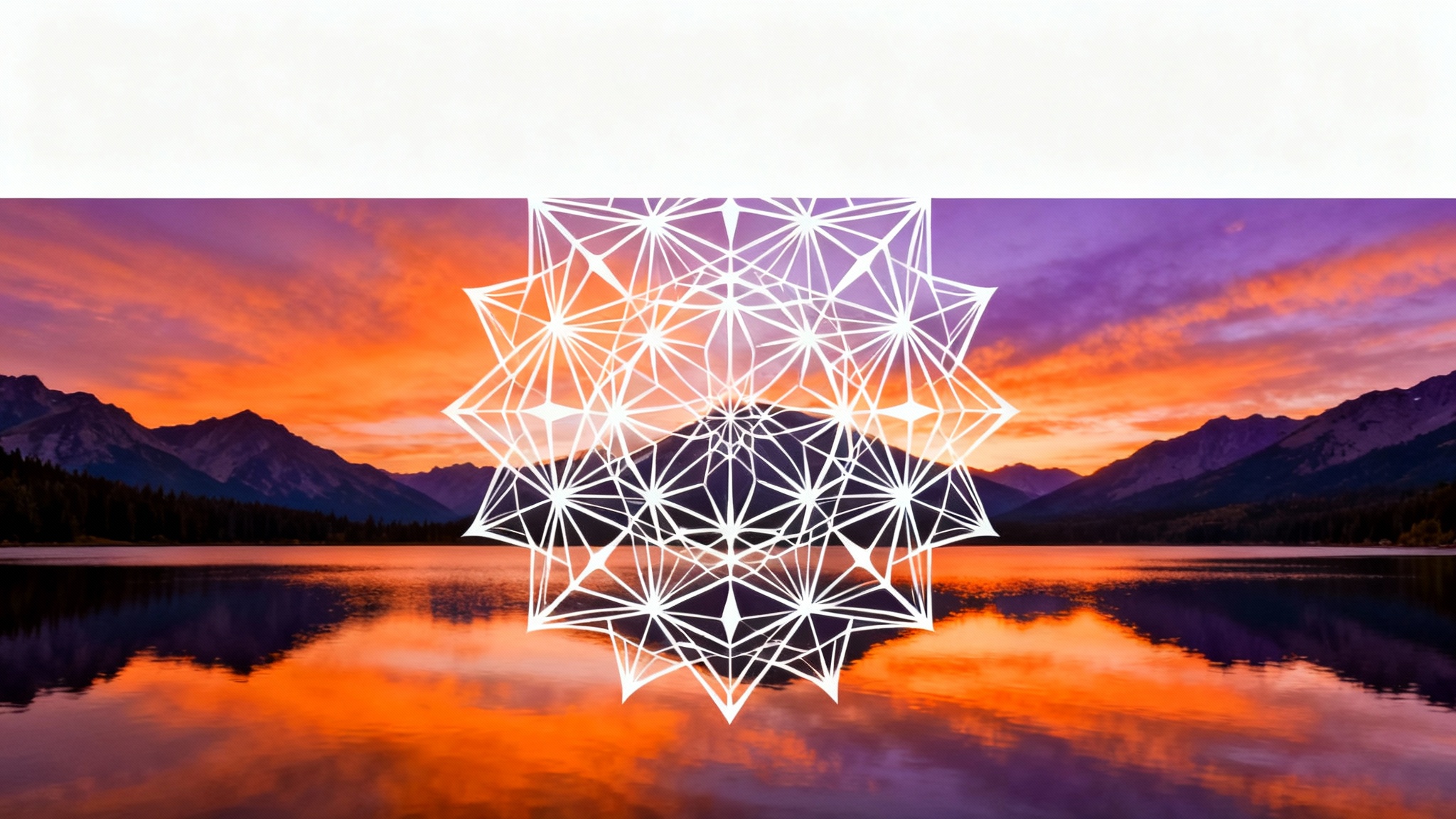 An artistic image demonstrating an overlay effect, where a white geometric pattern is placed transparently over a photograph of a mountain sunset reflected in a lake.