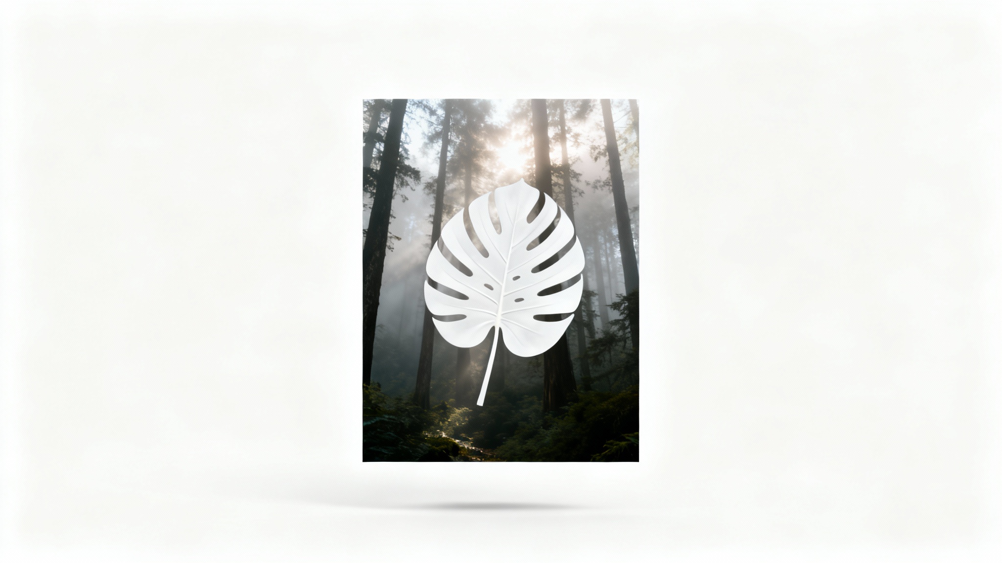 An artistic representation of an image overlay, showing a semi-transparent white monstera leaf graphic placed over a photograph of a misty forest scene, all on a white background.