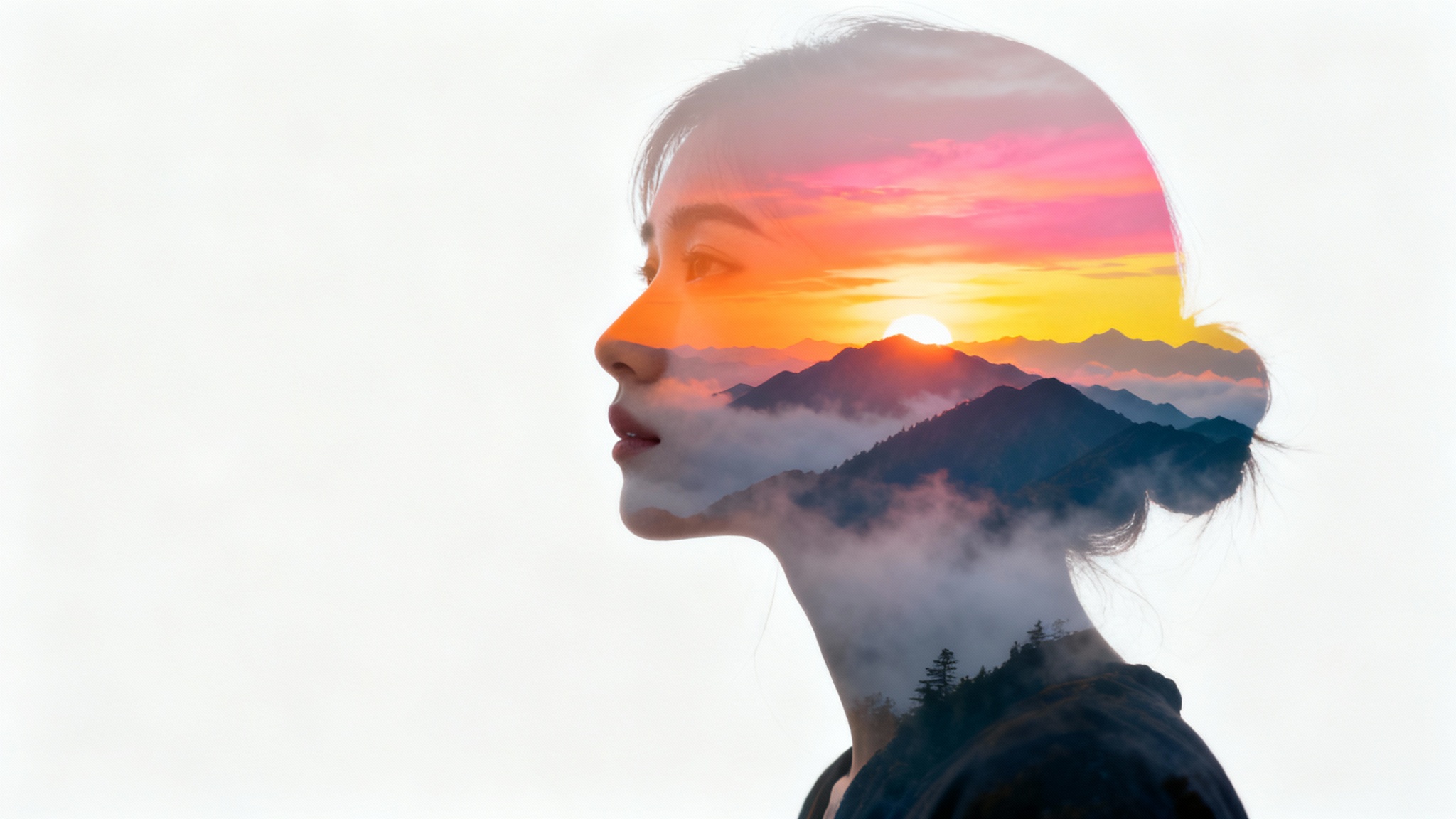 An artistic representation of an image overlay effect, showing a woman's profile silhouette filled with a colorful sunrise mountain scene, set against a plain white background.