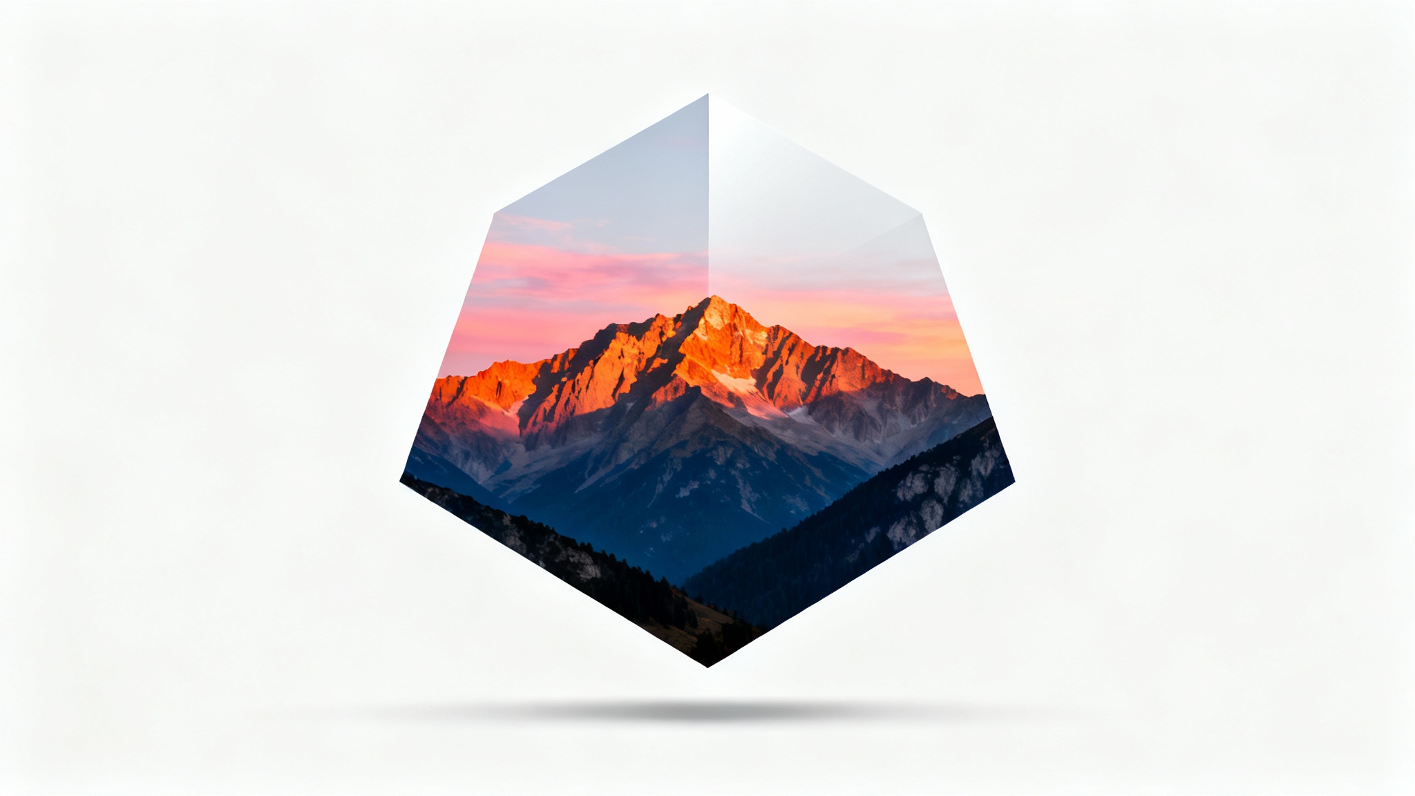 A mockup illustrating an image overlay, showing a semi-transparent white hexagon graphic placed on top of a beautiful photograph of a mountain range at sunrise, all set against a plain white background.