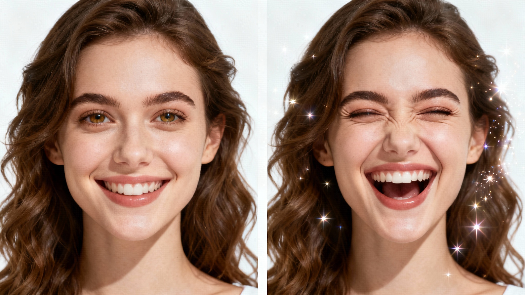 A before-and-after image demonstrating a face animator. The left side shows a static portrait of a woman, and the right side shows the same woman animated with a joyful, laughing expression.
