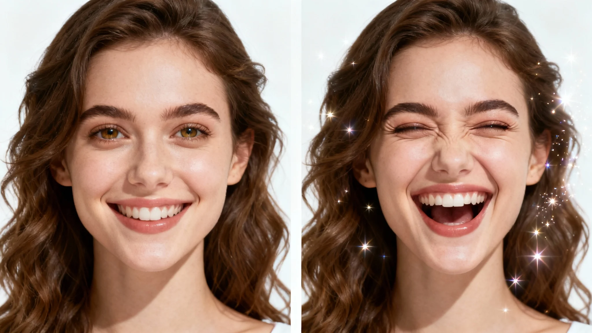 A before-and-after image demonstrating a face animator. The left side shows a static portrait of a woman, and the right side shows the same woman animated with a joyful, laughing expression.