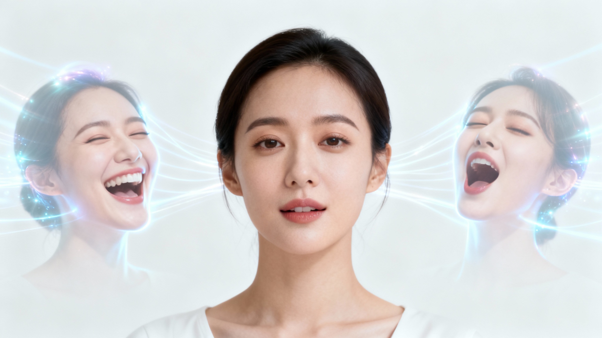 A central portrait of a woman with a neutral expression, from which three other versions of her face emerge, each showing an animated emotion: laughing, winking, and singing, against a white background.