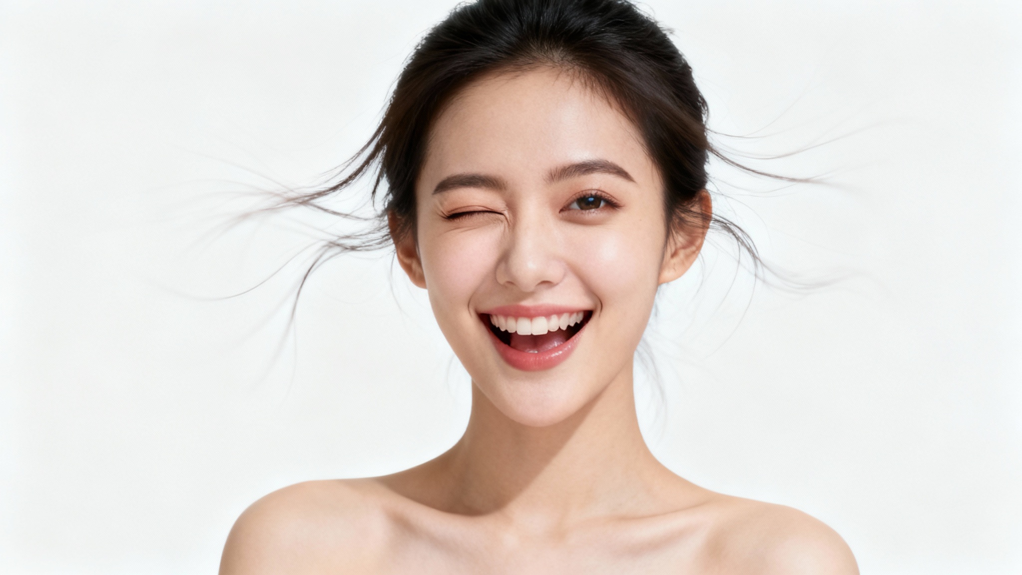 A photorealistic mockup for a face animator, showing a still photo of a woman that appears to be winking and smiling, as if coming to life, on a plain white background.