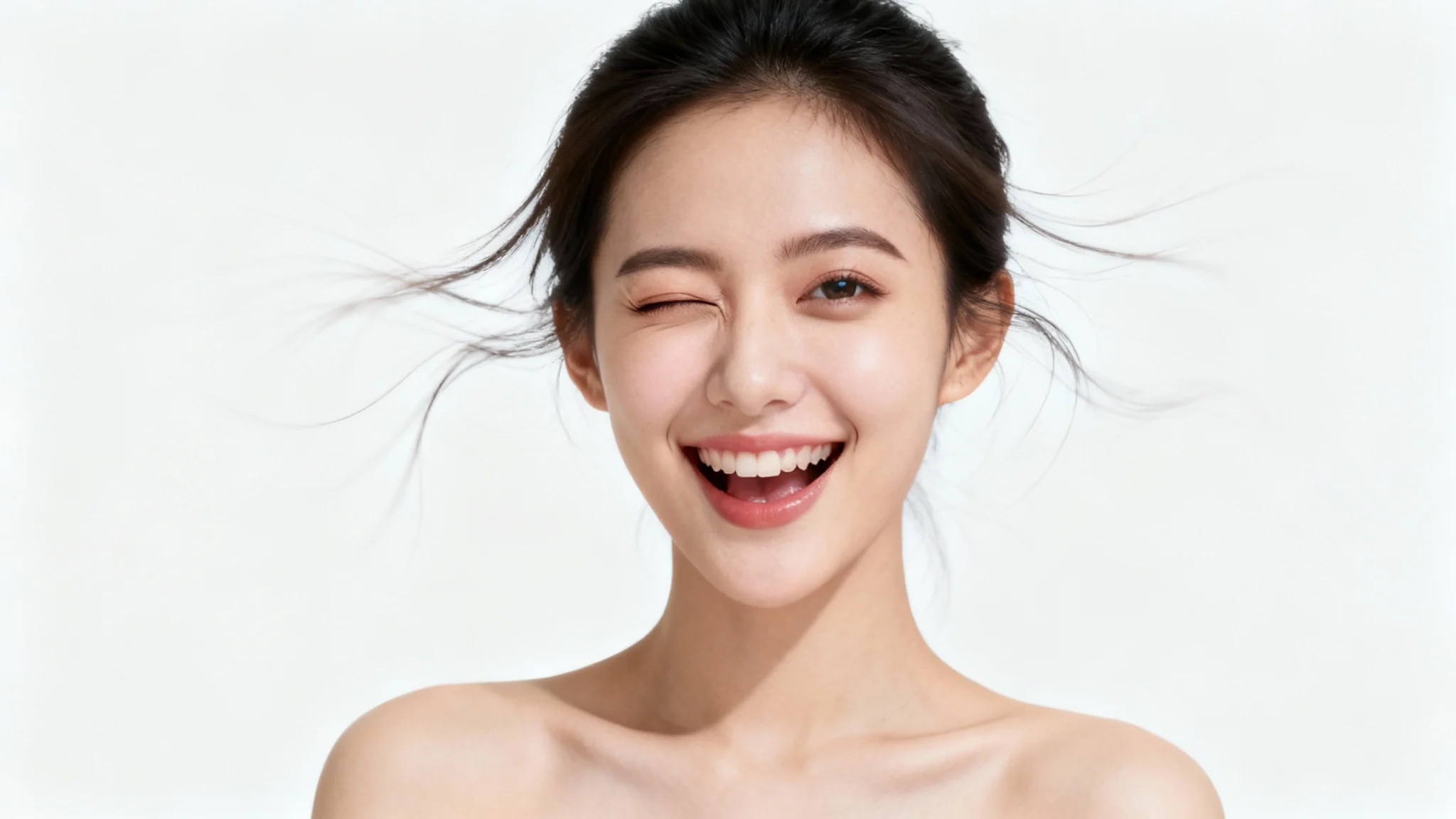 A photorealistic mockup for a face animator, showing a still photo of a woman that appears to be winking and smiling, as if coming to life, on a plain white background.