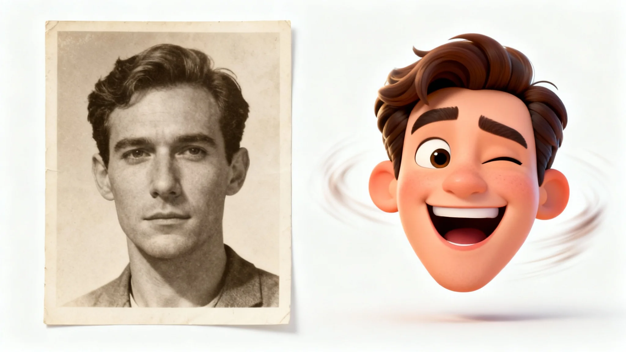 A conceptual image showing a vintage sepia photo of a man's face, with a colorful, animated, winking version of the same face emerging from it, representing a face animator.