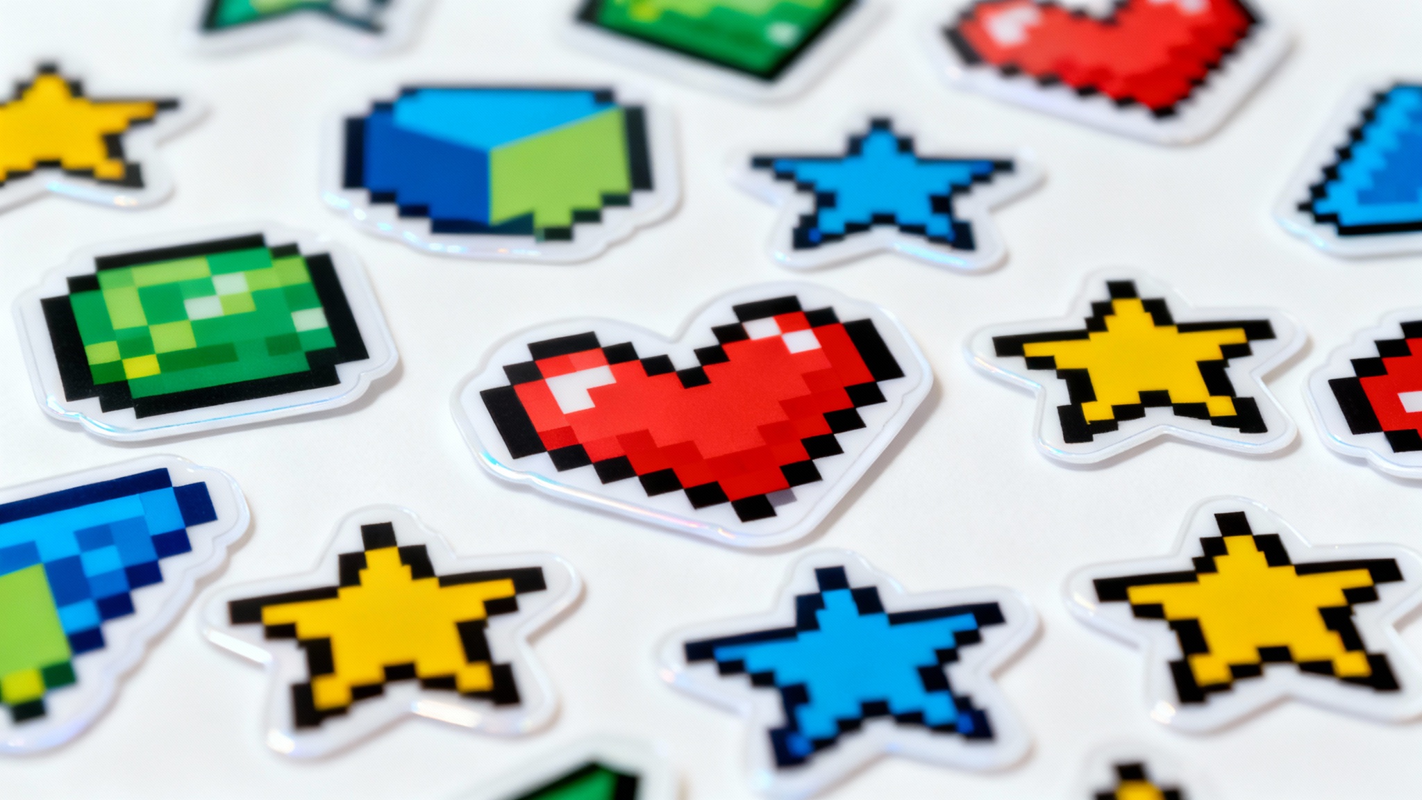 A collection of high-quality, die-cut vinyl stickers featuring colorful pixel art designs of hearts, stars, and shapes, arranged on a clean white background.