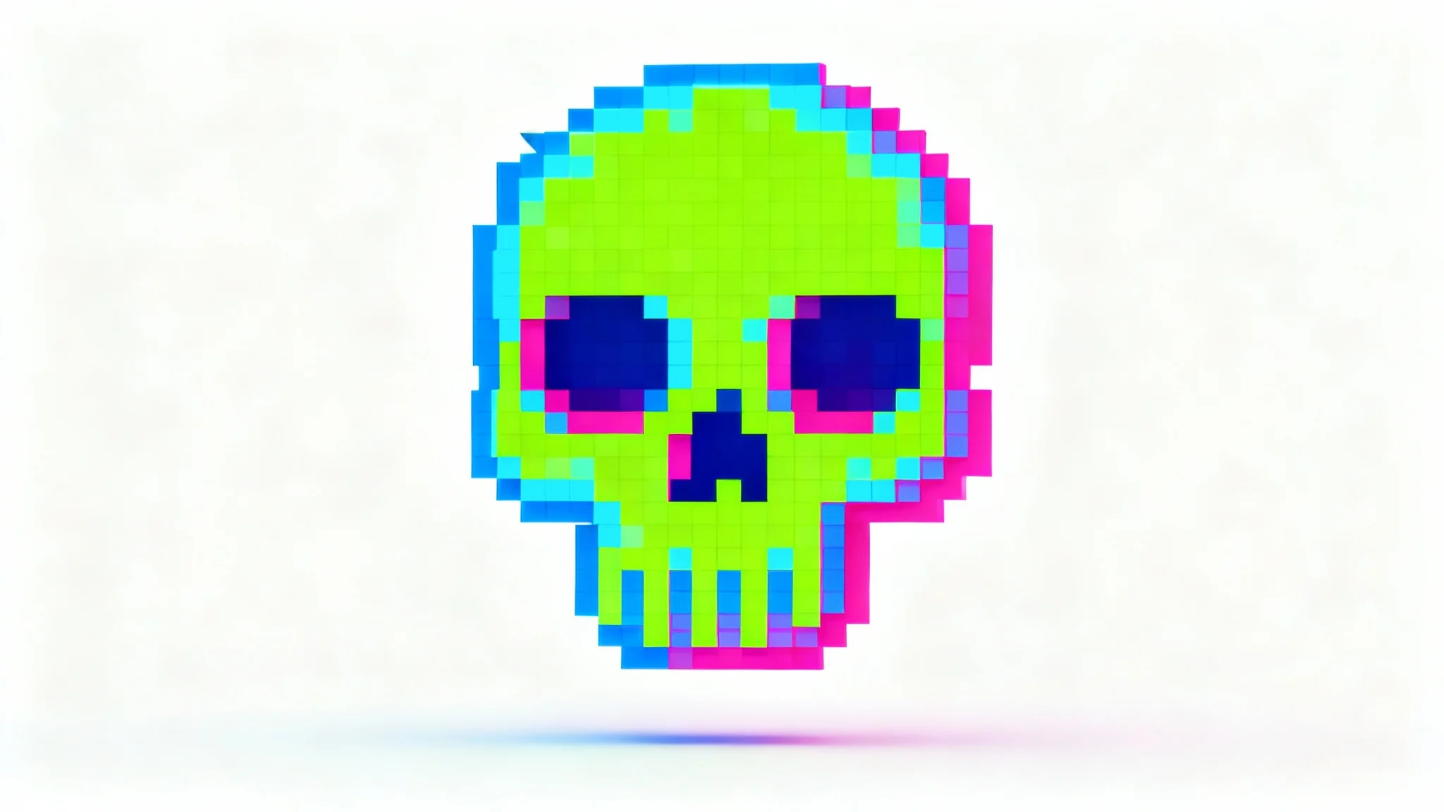 A minimalist pixel art representation of a skull symbol in bright neon colors against a solid white background.