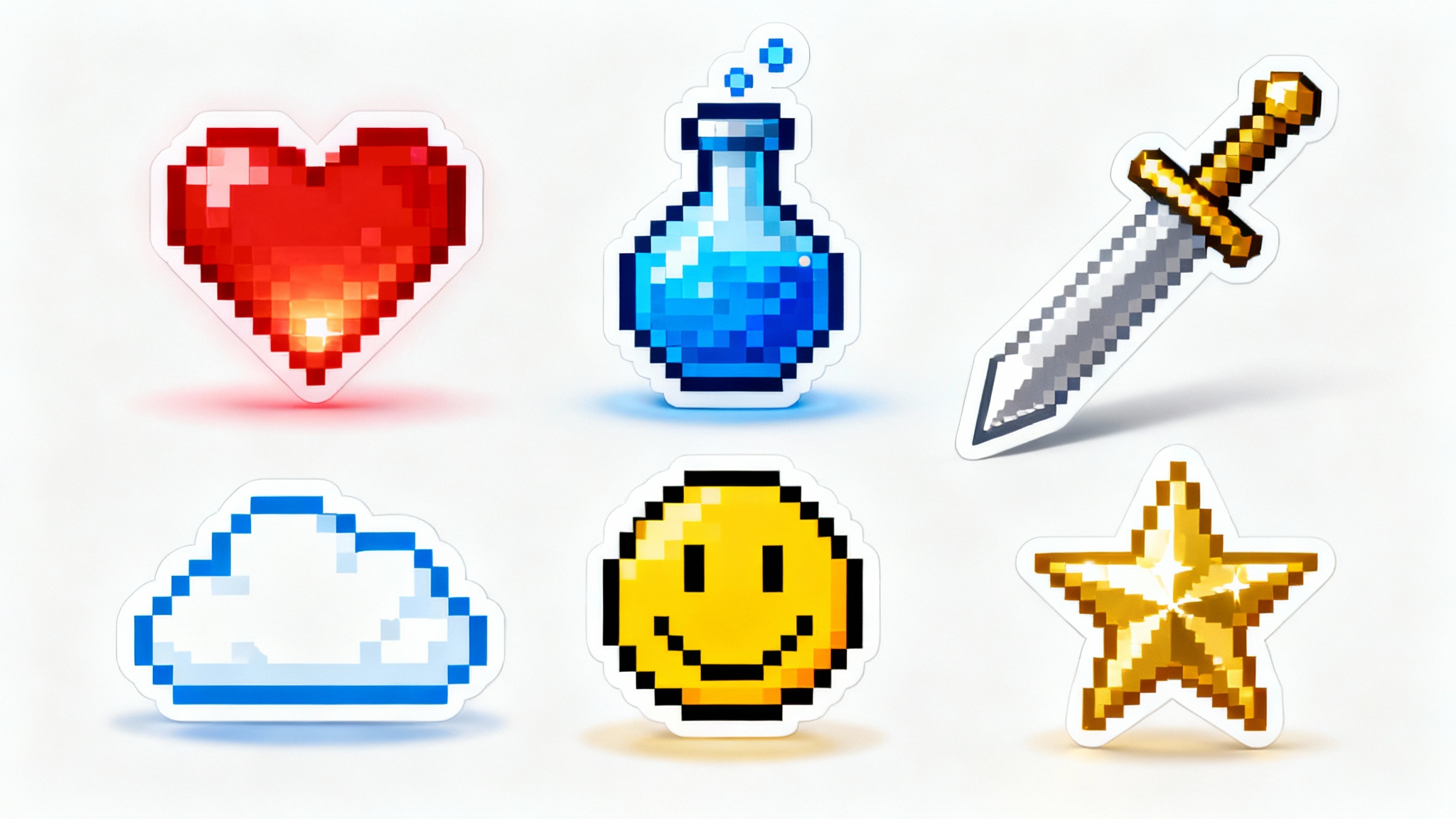 A collection of colorful pixel art symbols, including a heart, a potion, a sword, a smiley face, a cloud, and a star, arranged neatly on a clean white background.