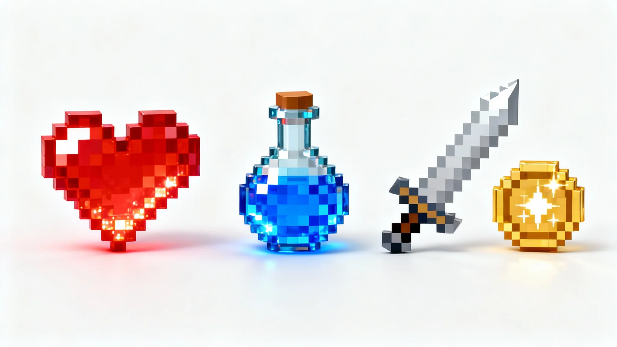 A close-up view of four colorful pixel art symbols, a heart, a potion, a sword, and a coin displayed on a clean white background, showcasing the style of a pixel symbol generator.