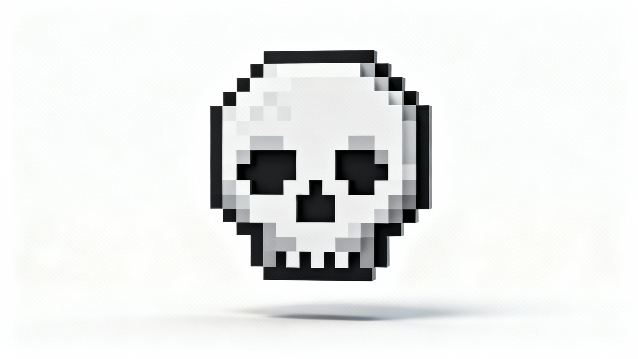 A close-up of a skull icon created in a clean, 8-bit pixel art style, set against a plain white background.