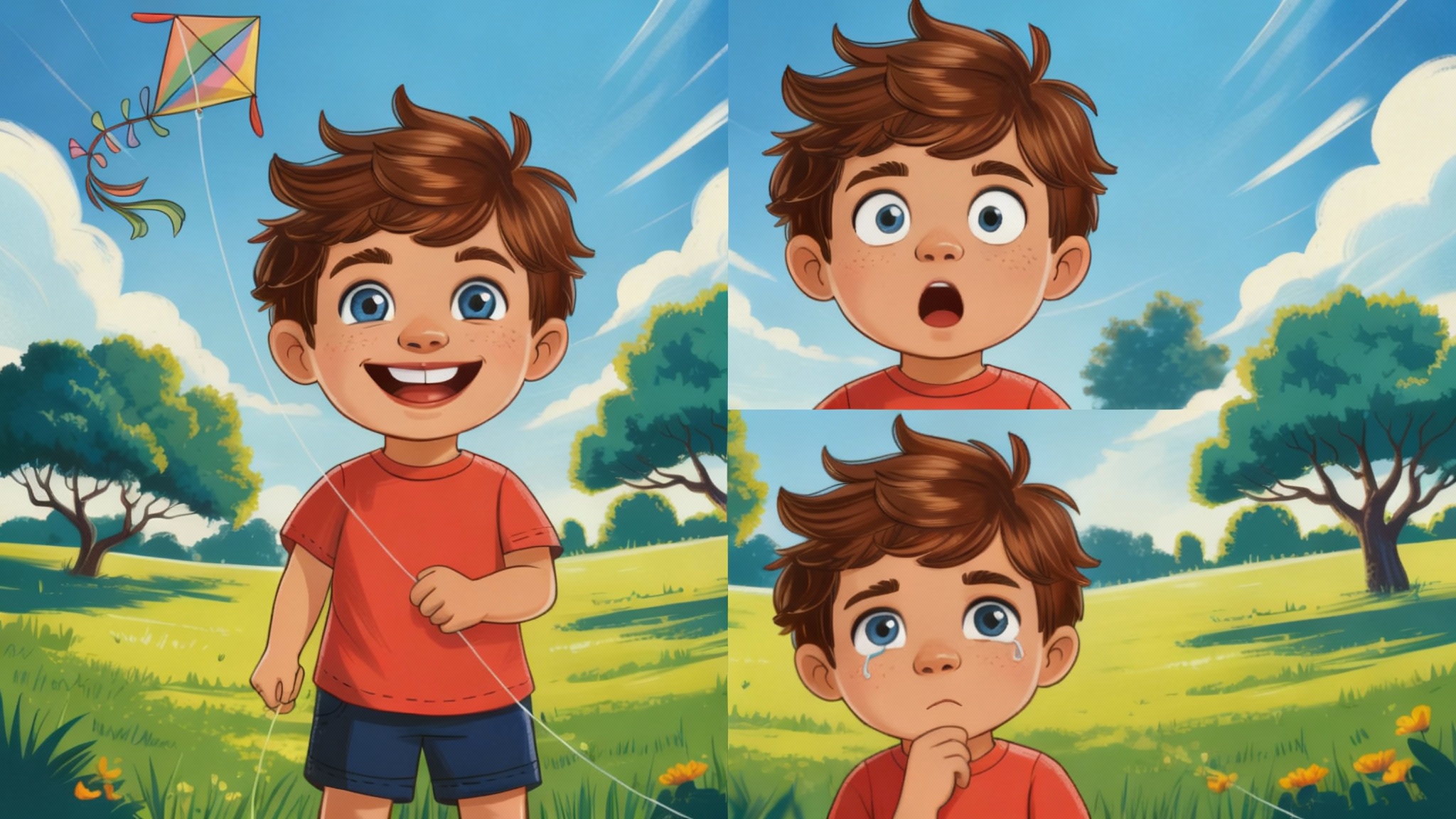 A grid of four images showing a digital illustration of a boy in a park, demonstrating a tool that changes character expressions. The boy is shown with happy, surprised, sad, and thoughtful expressions while the character and background remain the same.