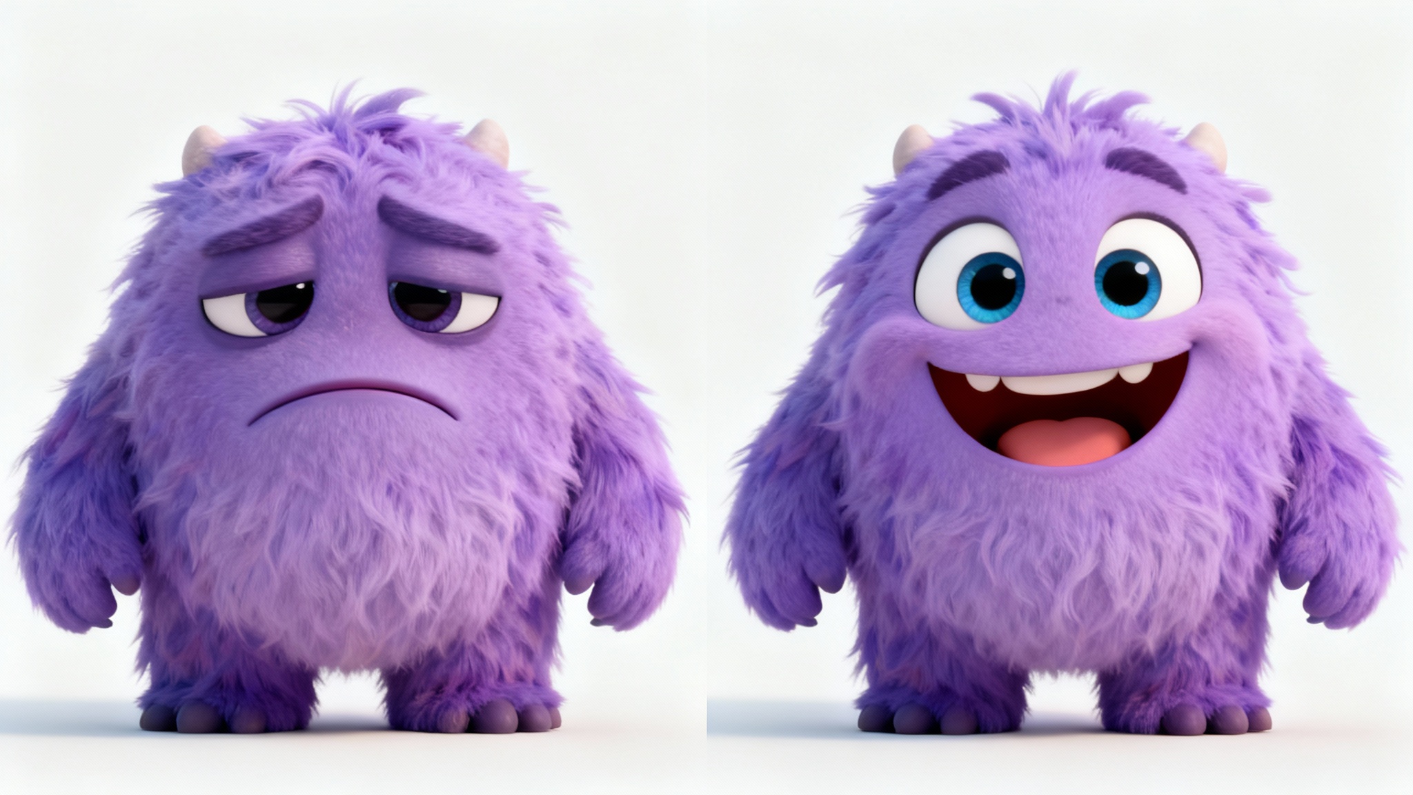 A side-by-side image showing a 3D animated purple monster changing its expression from sad on the left to happy on the right, against a plain white background.