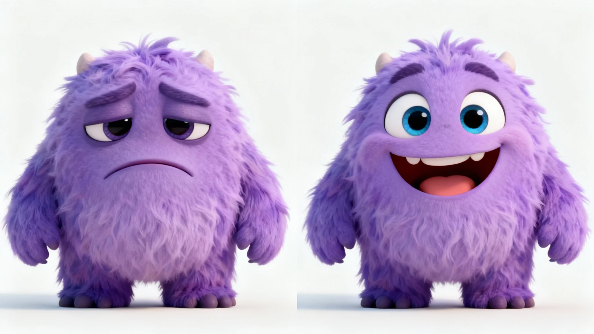 A side-by-side image showing a 3D animated purple monster changing its expression from sad on the left to happy on the right, against a plain white background.