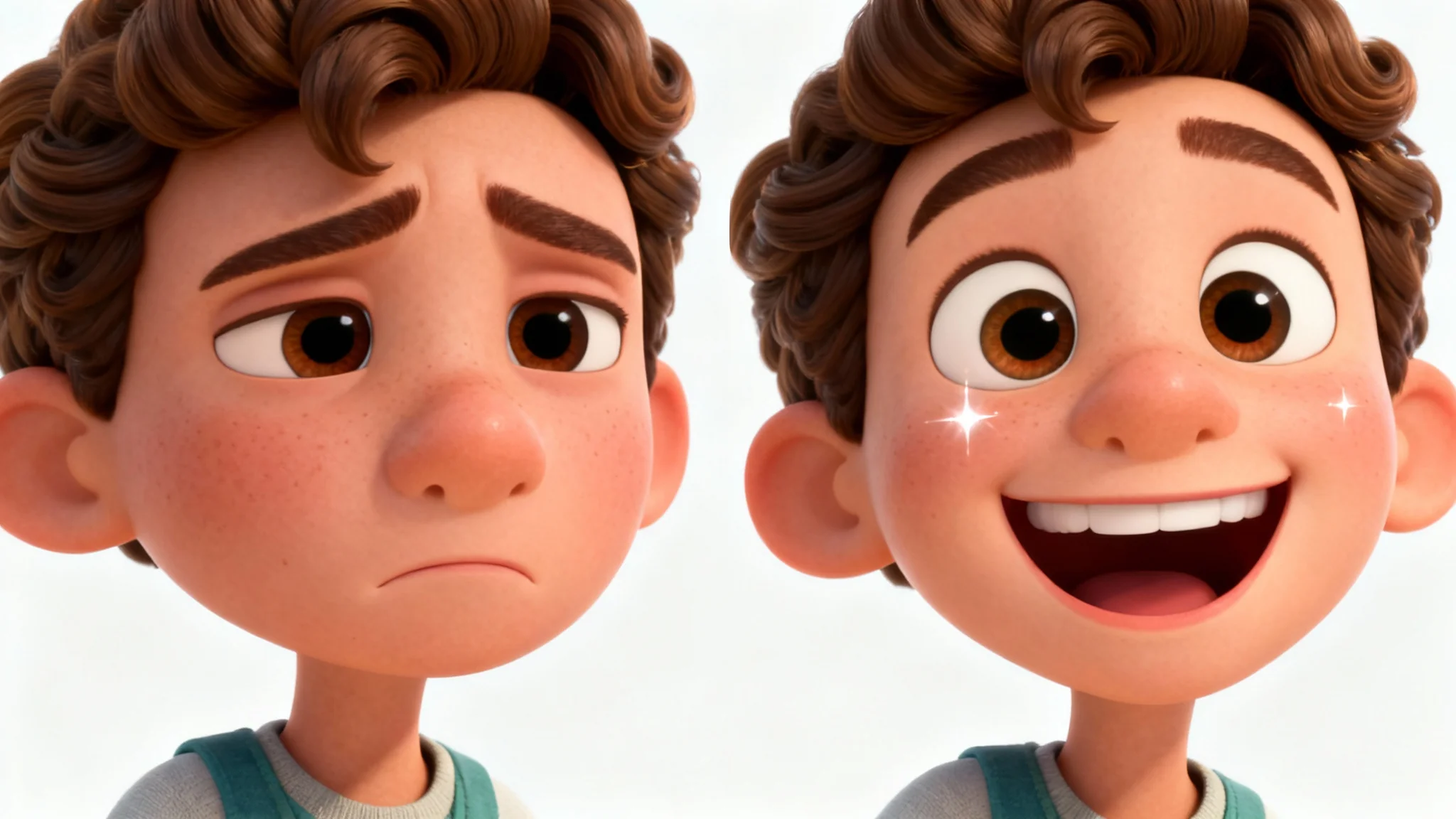 A before-and-after style image of a 3D animated character's face. The left side shows the character with a sad expression, while the right side shows the same character smiling happily, illustrating an expression change.