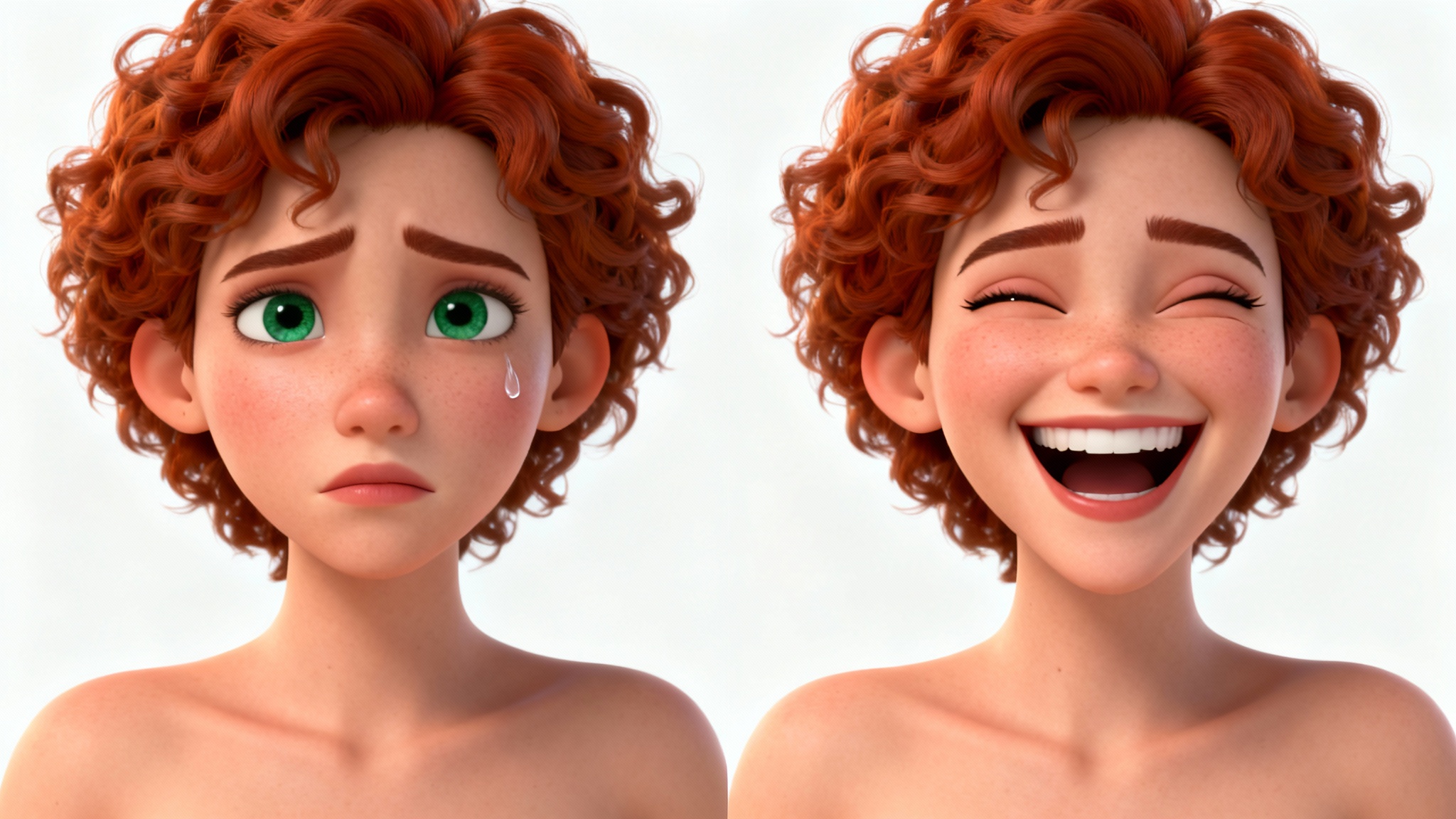 A two-panel image showing the face of a 3D animated woman. In the first panel, she is sad and crying. In the second panel, she is laughing joyfully, illustrating a change in expression.