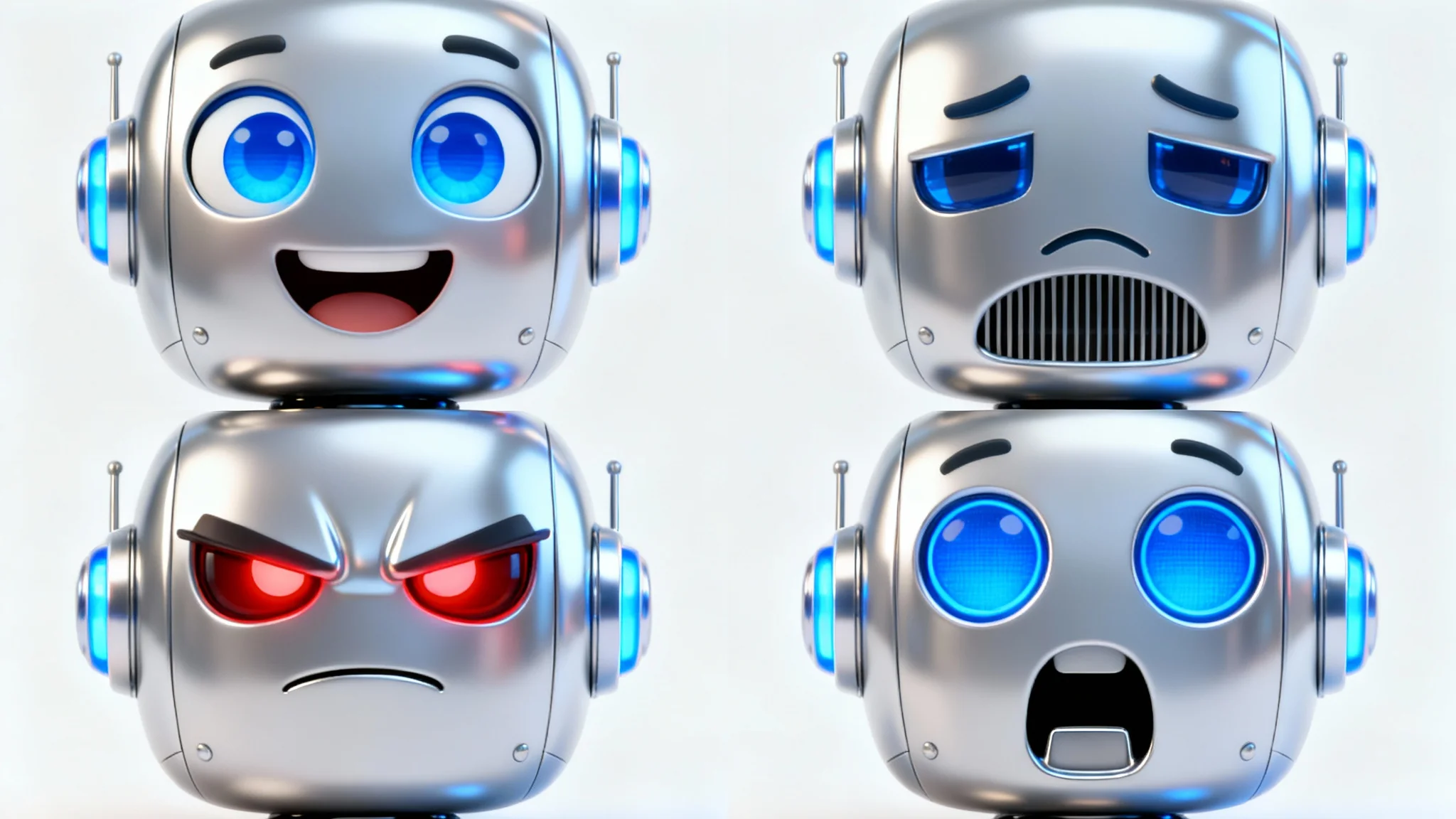 A four-panel grid demonstrating a character expression change on a 3D cartoon robot. The robot's face is shown as happy, sad, angry, and surprised, highlighting the ability to alter facial expressions.