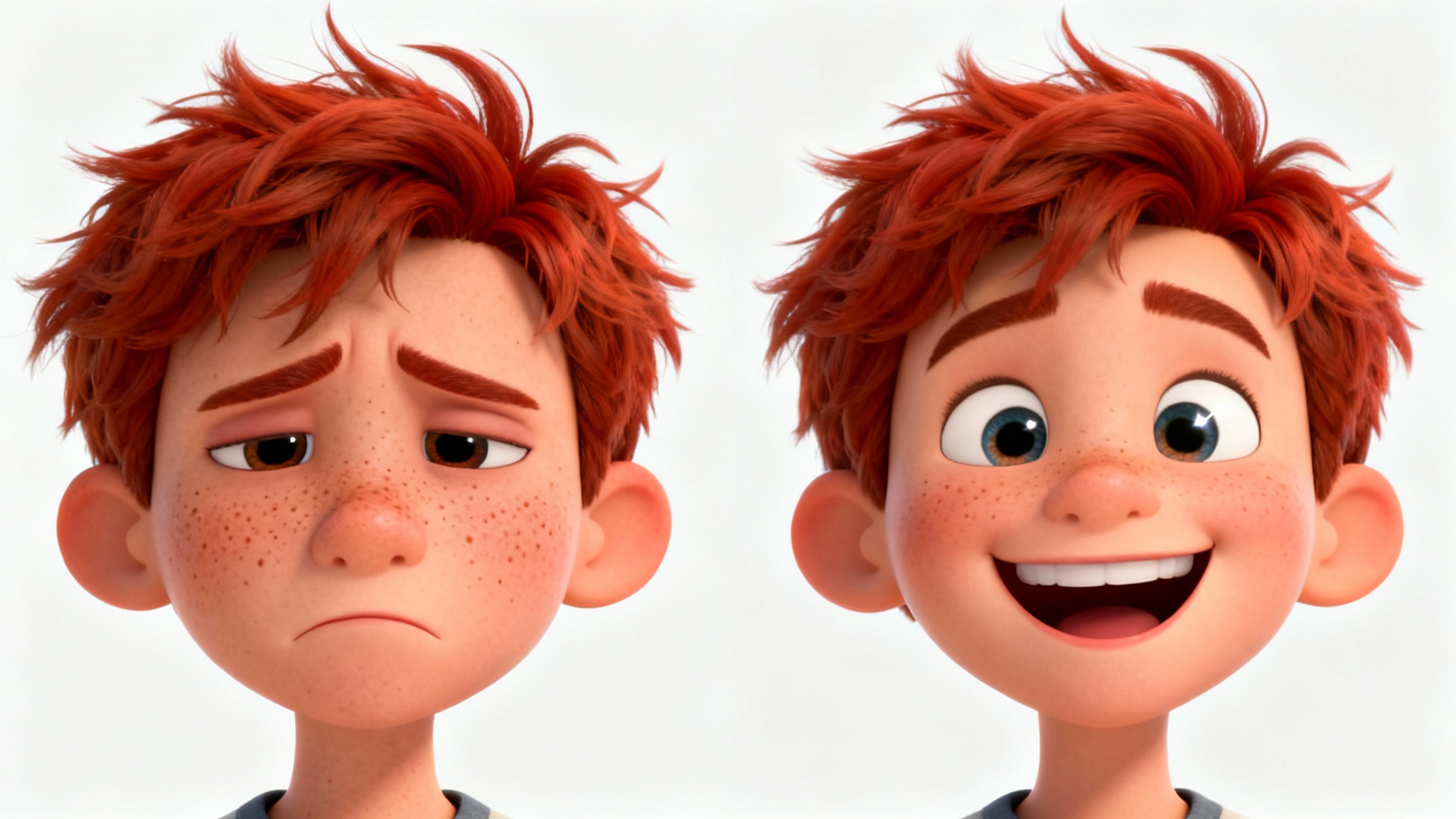 A before-and-after image showing a 3D animated boy's expression change from sad to happy against a plain white background.