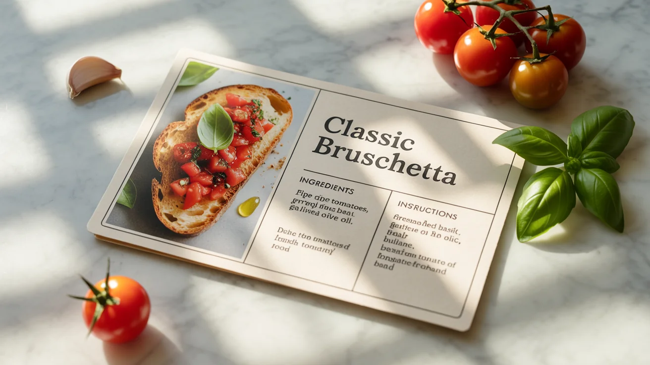 A beautifully designed recipe card for Classic Bruschetta laid flat on a white marble surface, surrounded by fresh ingredients like tomatoes and basil, showcasing a professional recipe template.