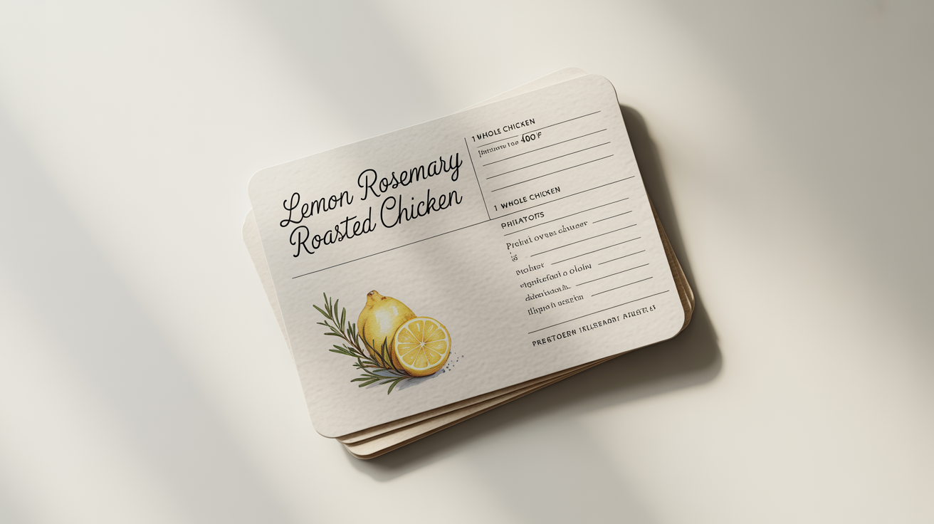A mockup of a beautifully designed recipe card for 'Lemon Rosemary Roasted Chicken' with ingredients and instructions, set against a plain white background.
