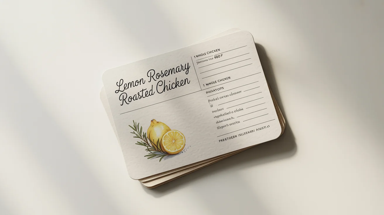 A mockup of a beautifully designed recipe card for 'Lemon Rosemary Roasted Chicken' with ingredients and instructions, set against a plain white background.