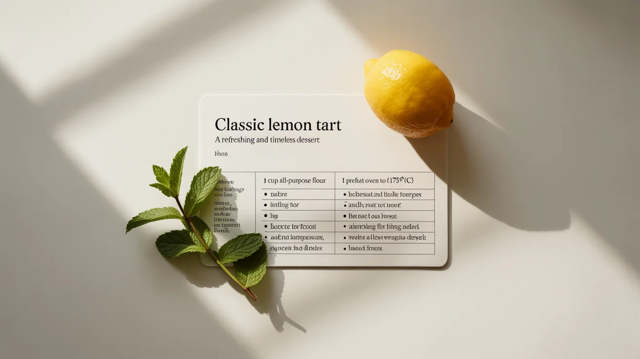 A modern, minimalist recipe card for 'Classic Lemon Tart' displayed on a white background, with a fresh lemon and mint sprig placed next to it.