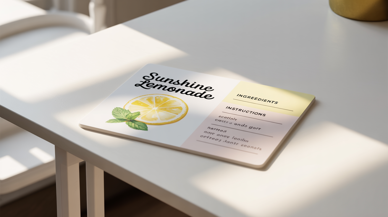 A modern, minimalist recipe card for 'Sunshine Lemonade' featuring a watercolor lemon illustration, displayed on a clean white background.