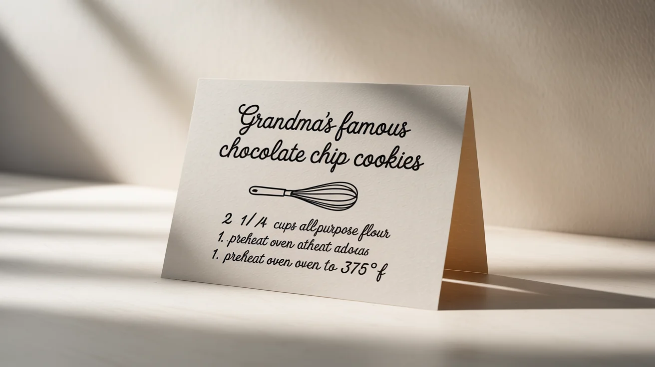 A mockup of a recipe card for Grandma's Famous Chocolate Chip Cookies, displayed on a white background. The card has a clean design with the recipe's ingredients and instructions clearly printed.