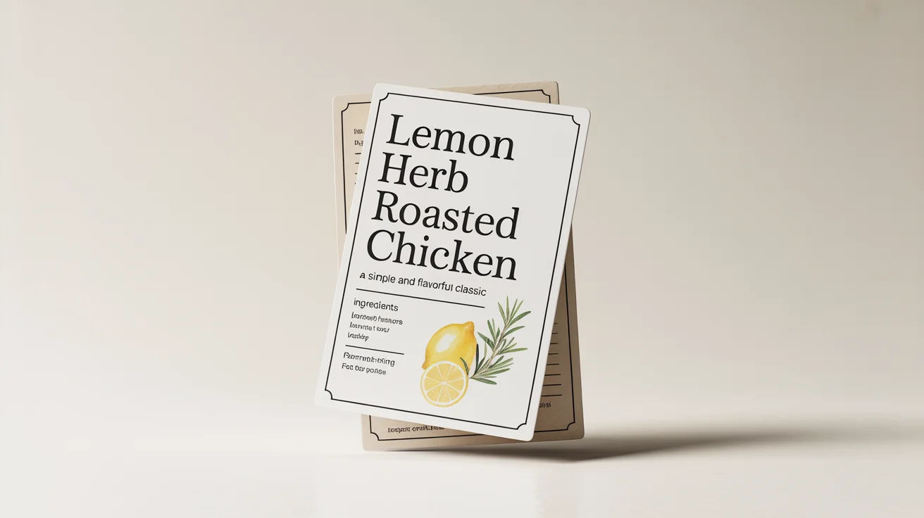 A professionally designed recipe card for 'Lemon Herb Roasted Chicken', shown as a mockup on a clean white background. The card includes the title, ingredients, and instructions.