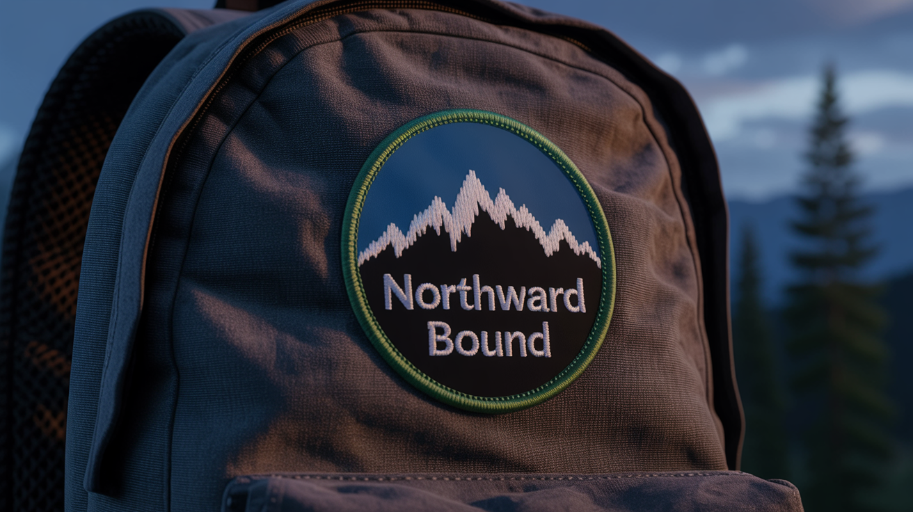 A close-up, photorealistic image of a round, embroidered logo patch stitched onto dark canvas fabric. The patch displays a mountain range and the words 'Northward Bound', showcasing a fabric logo design.