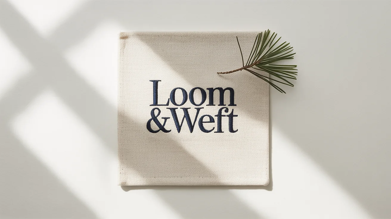 A detailed close-up of a high-quality embroidered logo for the brand 'Loom & Weft' stitched in navy blue on natural cotton canvas fabric, isolated on a white background.