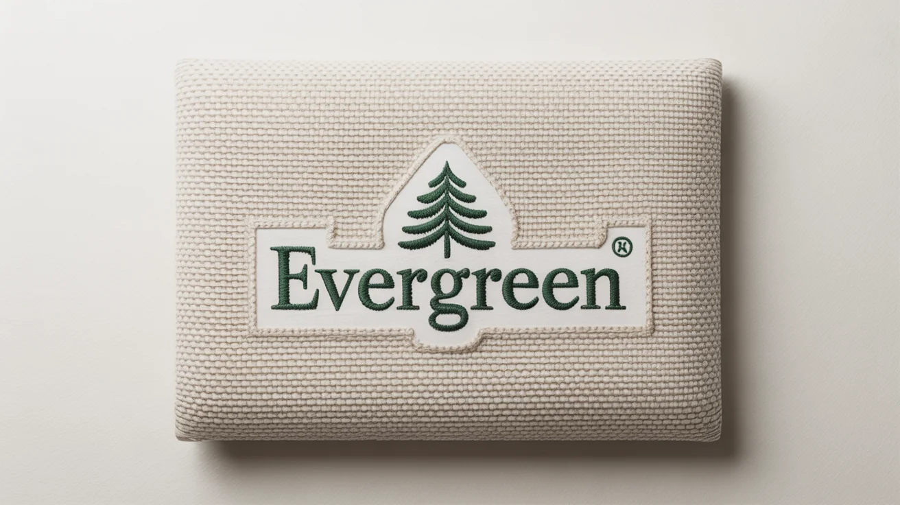 A photorealistic mockup showing the brand name 'Evergreen' and a pine tree icon embroidered in green thread on a textured, natural-colored canvas fabric against a white background.