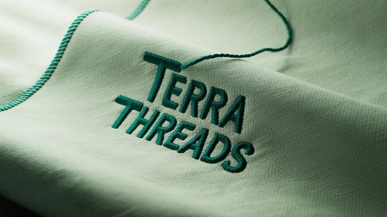 A close-up, photorealistic mockup of a dark green 'Terra Threads' logo embroidered onto a textured, off-white piece of fabric against a clean white background.