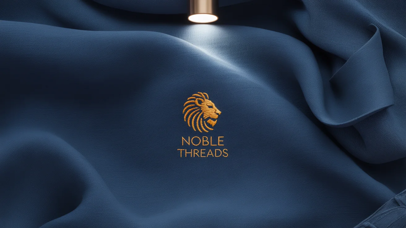 A hyper-realistic macro shot of a golden-yellow embroidered lion head logo for the brand 'NOBLE THREADS' on a piece of textured navy blue linen fabric, presented against a clean white background.