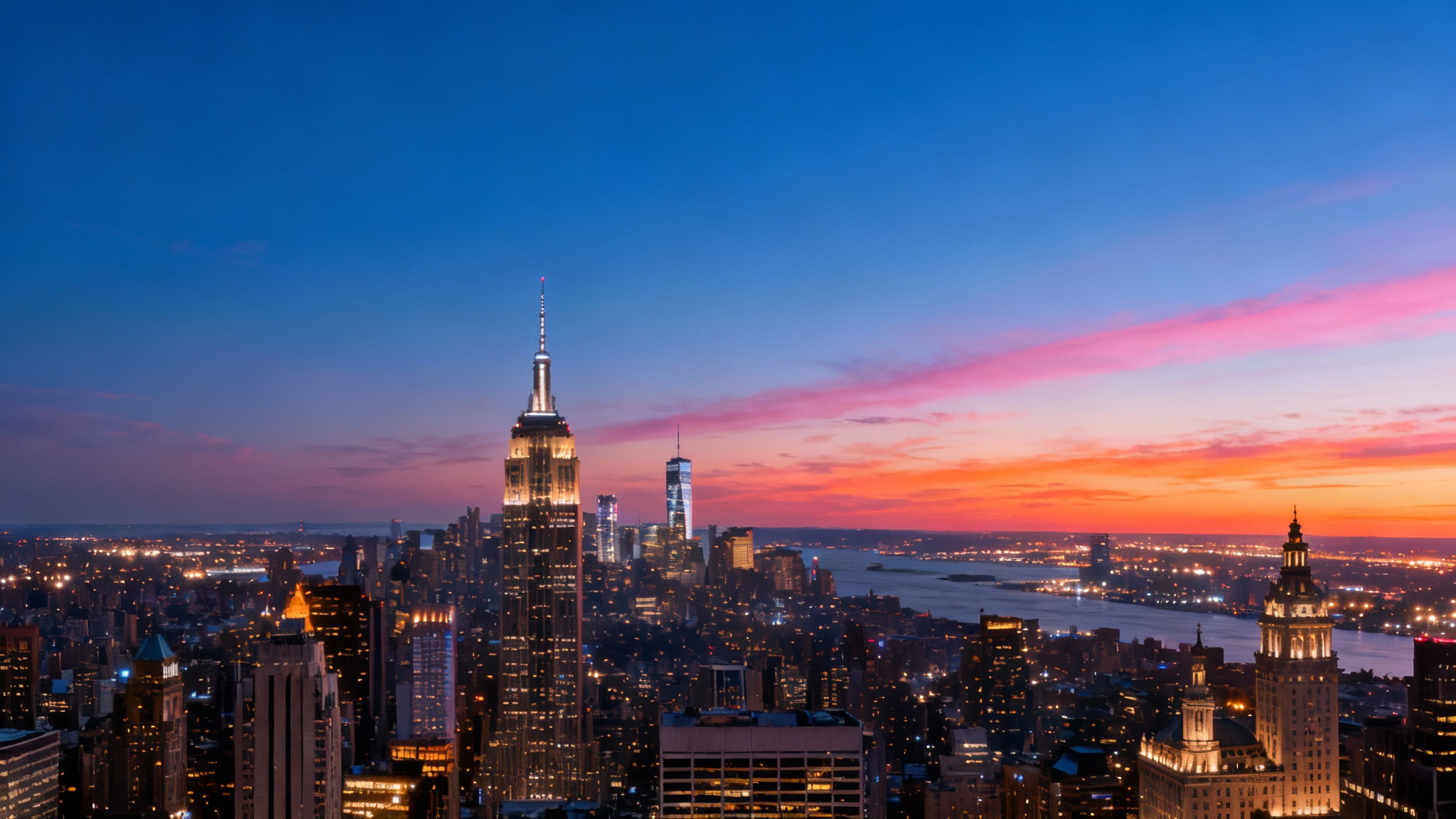 A wide, panoramic digital background image of a city skyline at dusk, with glowing lights from skyscrapers under a colorful sunset sky. The foreground is clear, making it an ideal background.
