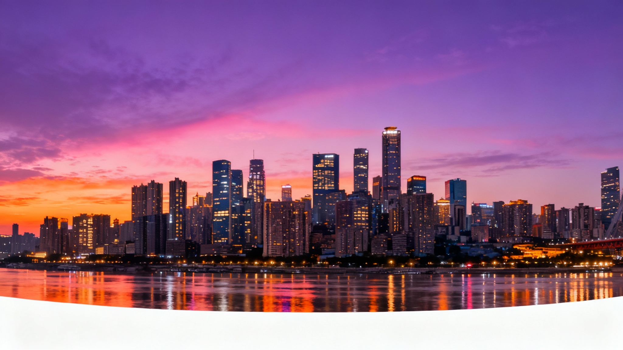 A photorealistic digital background of a modern city skyline at sunset, with illuminated skyscrapers reflecting in a river, presented on a clean white background.
