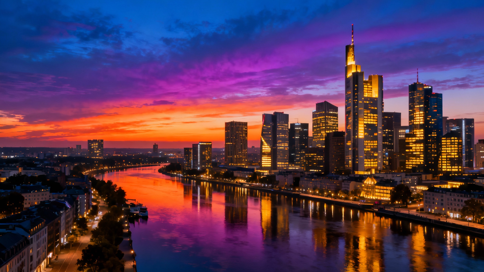 A stunning panoramic view of a modern city skyline at sunset, with the colorful sky and glowing skyscrapers reflected in a wide river, presented as a high-quality background image.
