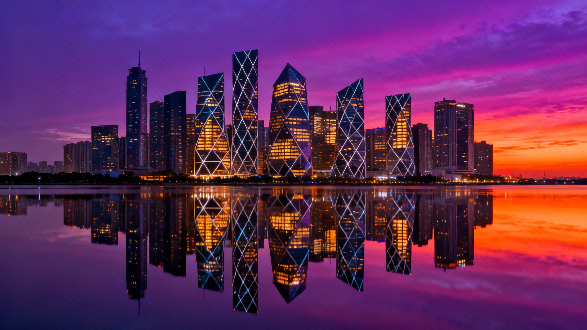 A panoramic photograph of a futuristic city skyline at twilight, with glowing skyscrapers perfectly reflected in the water below, presented against a clean white background.
