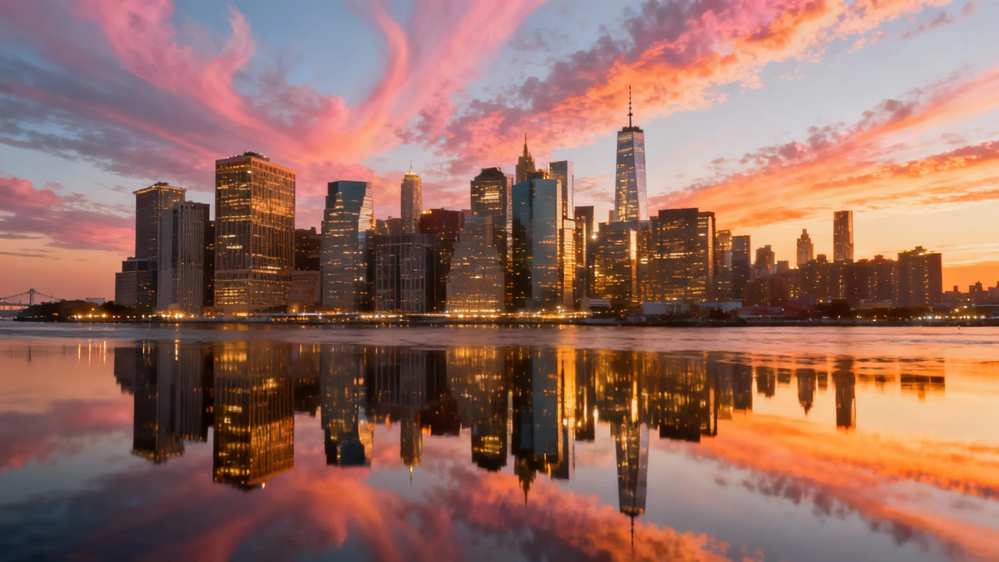 A panoramic, photorealistic image of a modern city skyline at sunset, with tall skyscrapers reflecting the golden light in the calm water below.