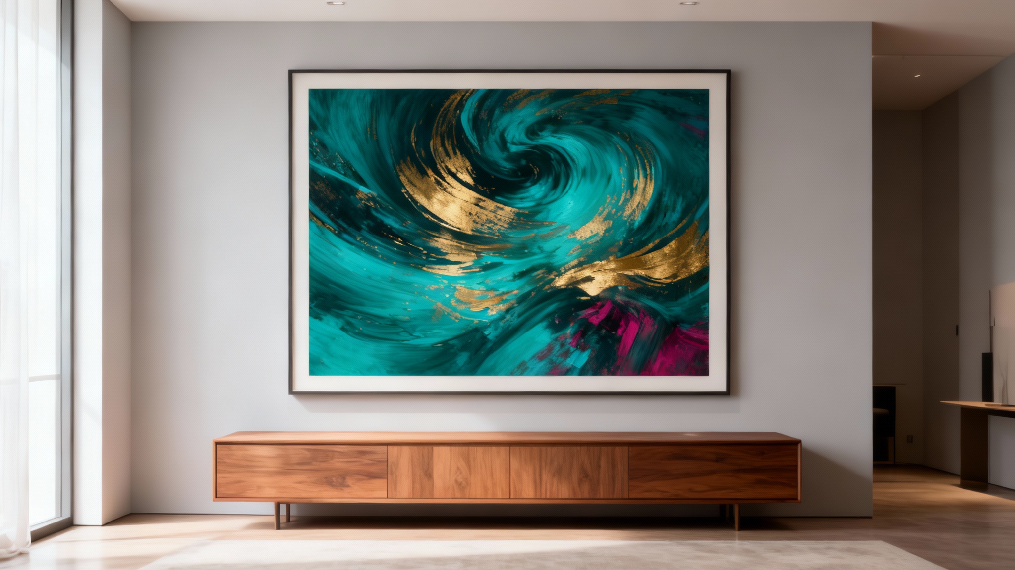 A stylish, modern living room showcasing a large, framed abstract painting on a light gray wall. The vibrant artwork features swirls of teal, gold, and magenta, and hangs above a sleek wooden sideboard.