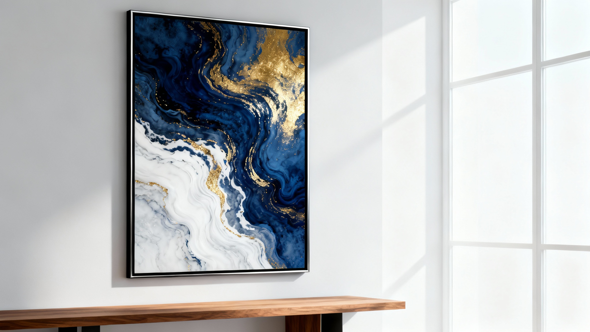 A framed piece of abstract wall art with blue, gold, and white swirls, hanging on a light gray wall in a modern, minimalist room, presented as a product mockup.