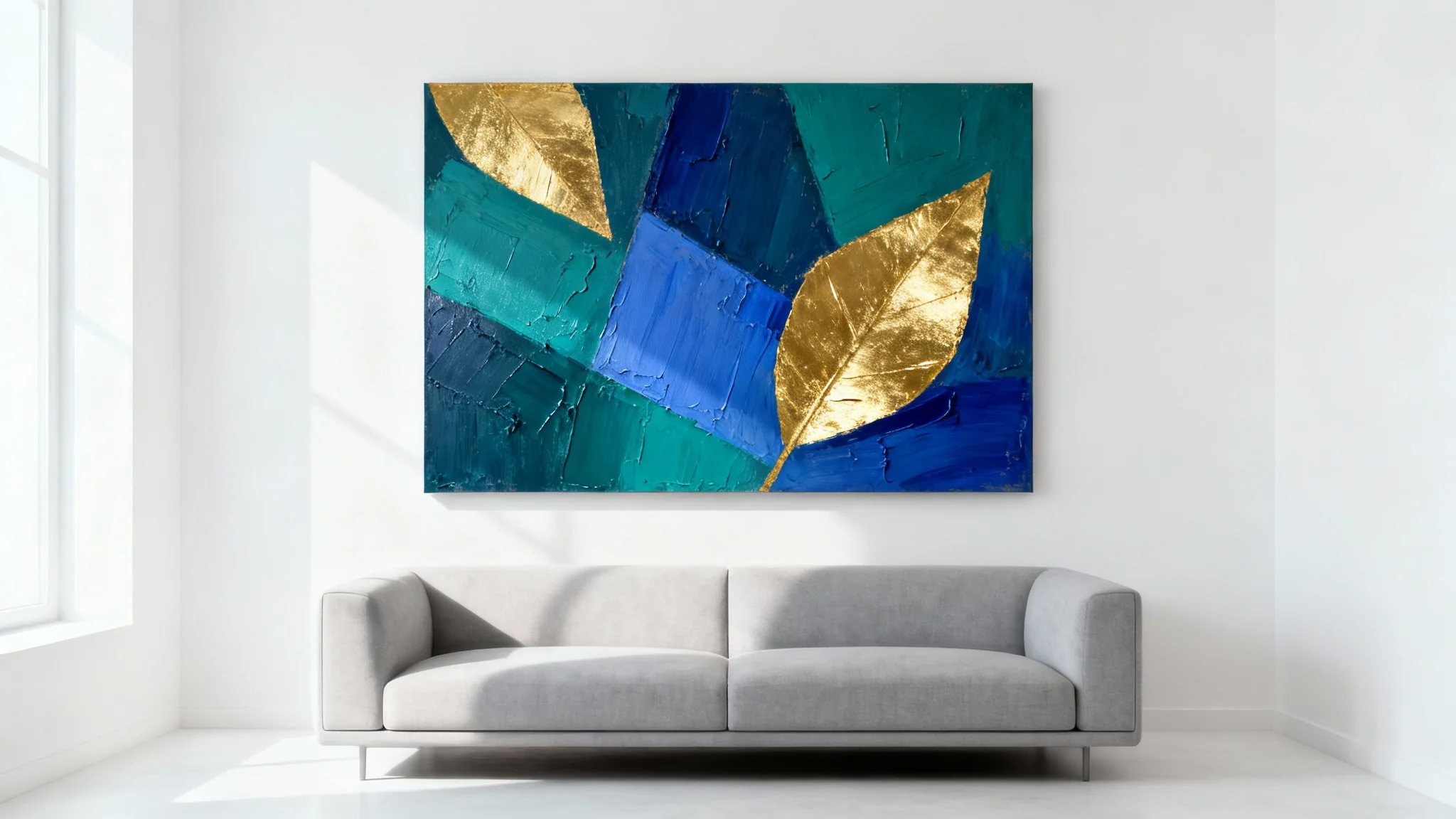 A modern living room mockup featuring a large abstract wall art piece with blue and gold tones hanging over a minimalist gray sofa.