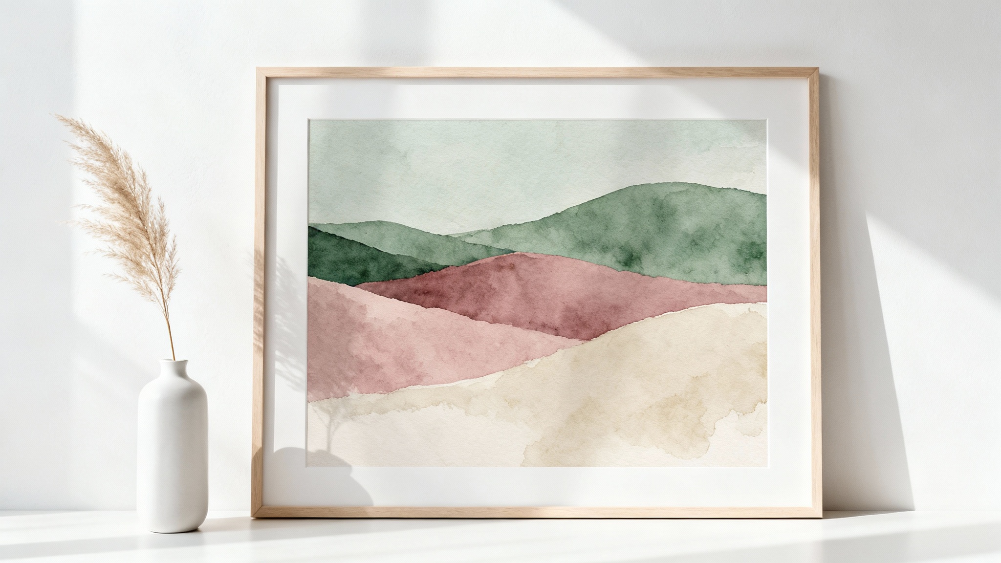 A piece of modern abstract wall art in a light wood frame hangs on a white wall next to a minimalist vase with pampas grass.