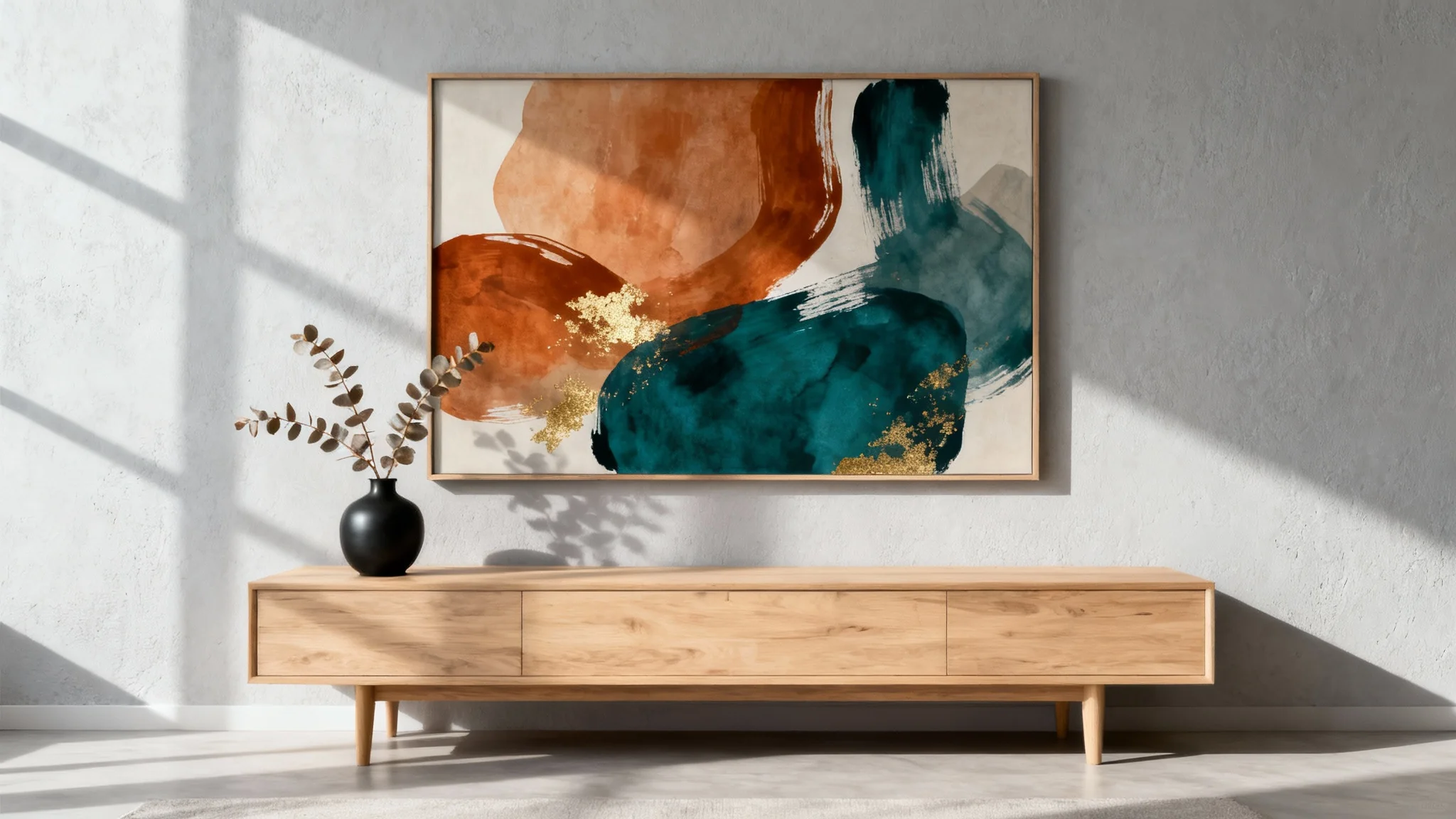 A large piece of abstract wall art with earth tones and teal hangs on a light-grey wall above a minimalist oak console table in a modern living room.