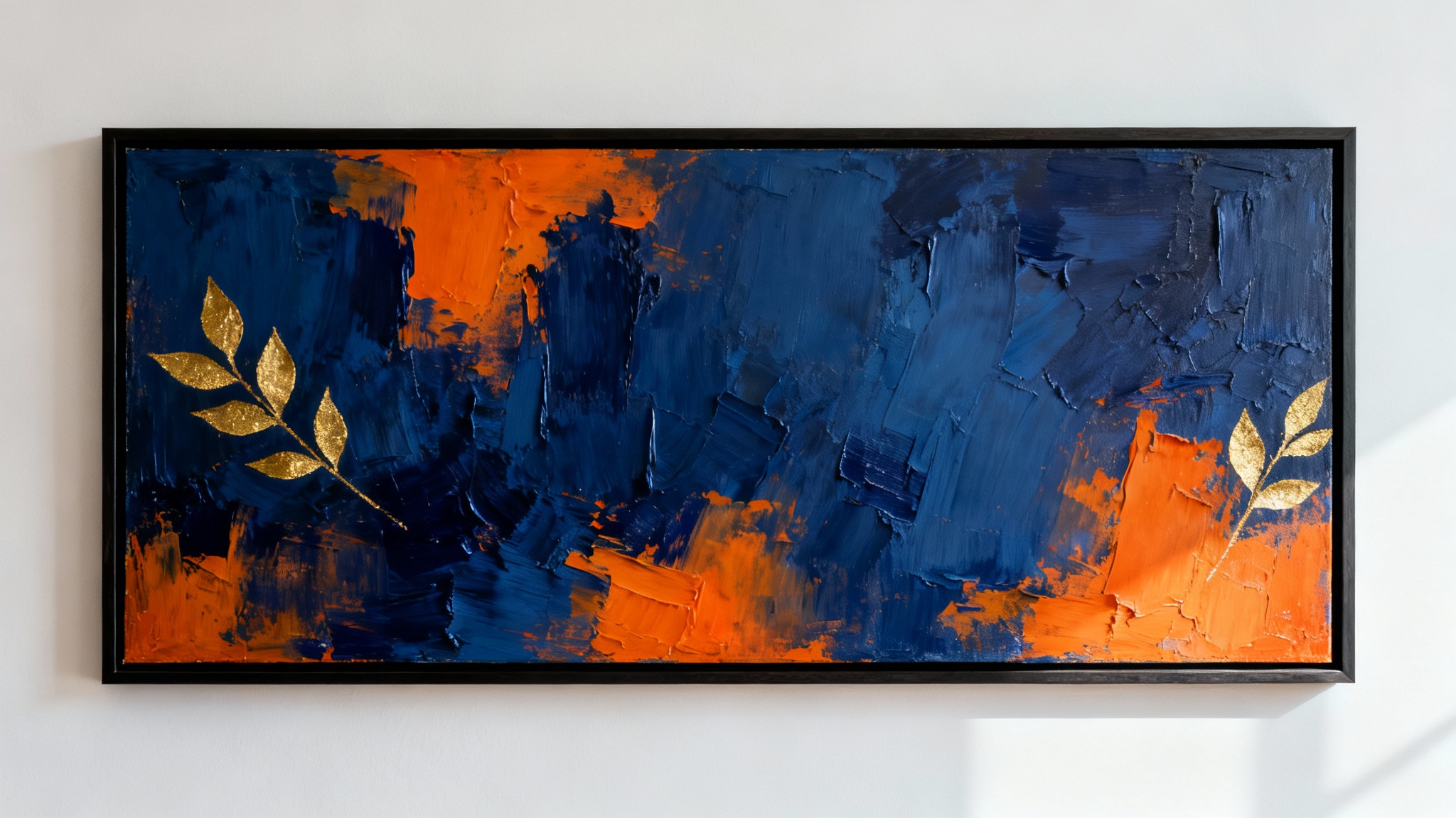 A photorealistic mockup of a modern abstract painting with navy blue, orange, and gold accents, in a thin black frame, hanging on a clean white wall.