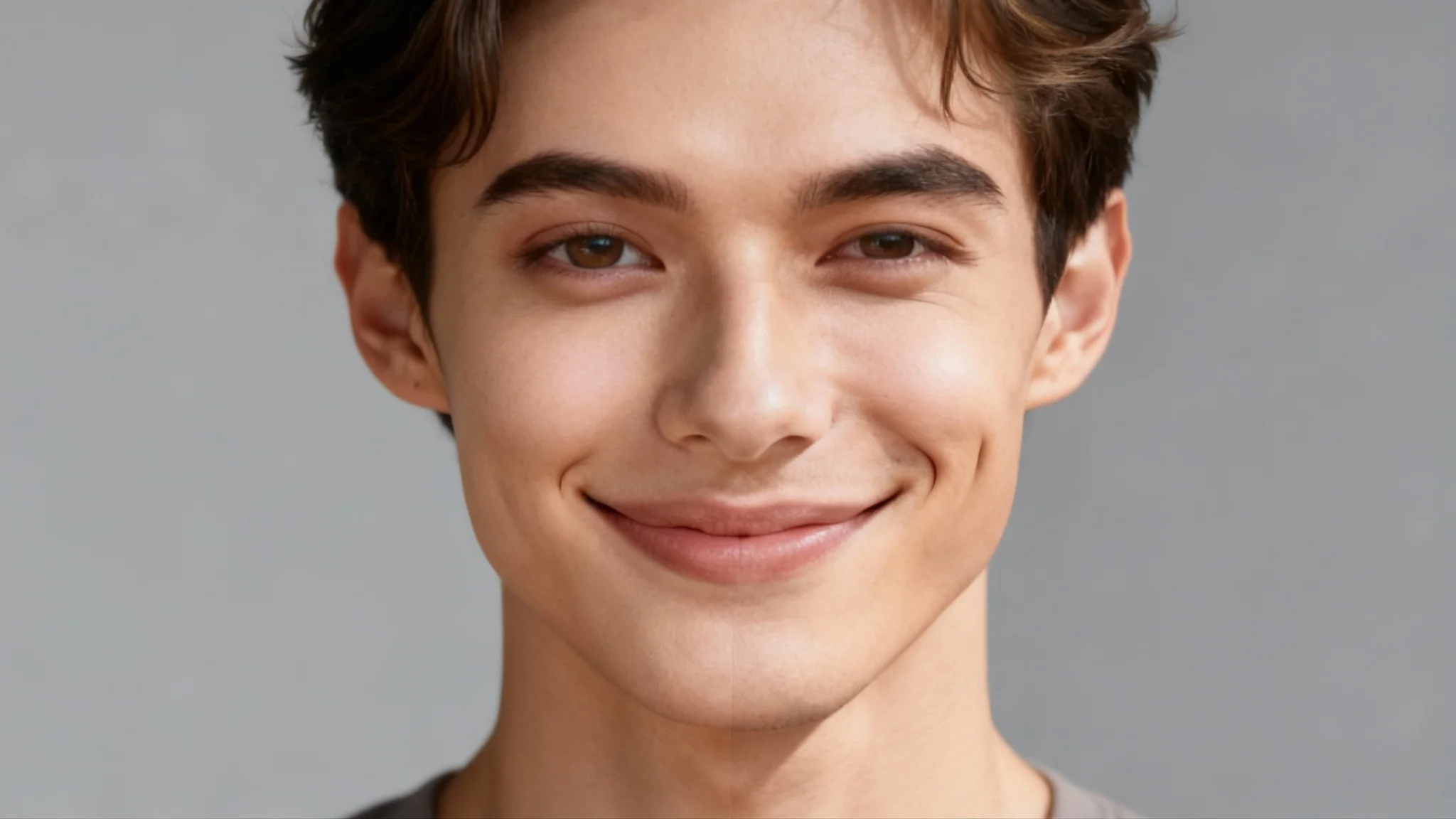 A hyper-realistic 16:9 hero image displaying the final result of merging two faces, showing a single, perfectly blended androgynous face with harmonious features against a clean background.