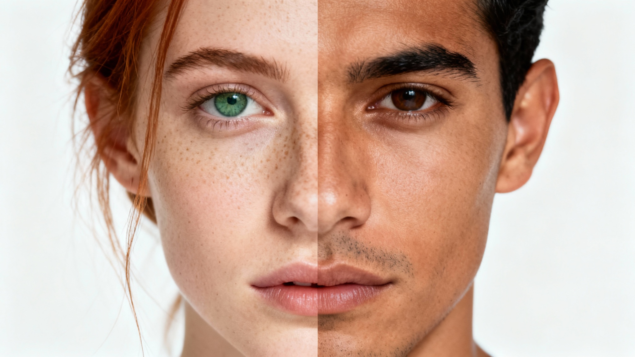 A hyperrealistic composite image of a face perfectly split down the middle, merging a woman's face on the left and a man's face on the right, against a plain white background.