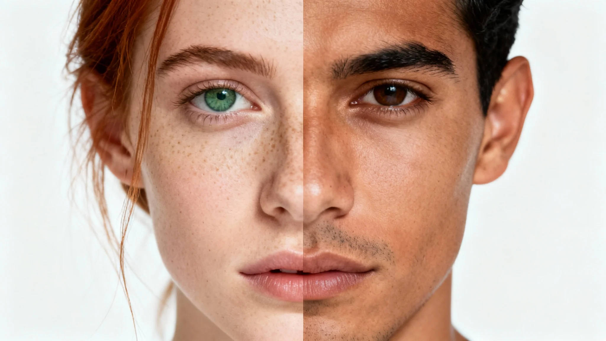 A hyperrealistic composite image of a face perfectly split down the middle, merging a woman's face on the left and a man's face on the right, against a plain white background.
