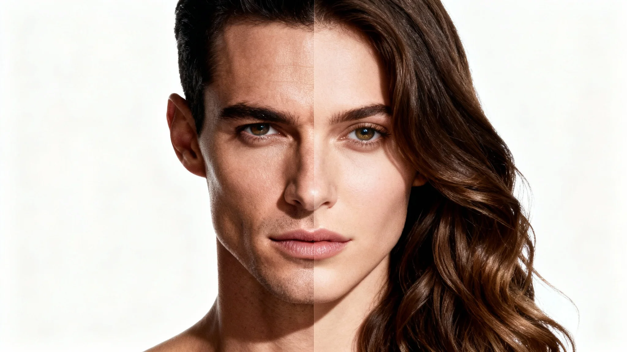 An artistic, photorealistic image of a single face created by seamlessly merging the left half of a man's face with the right half of a woman's face, set against a stark white background.
