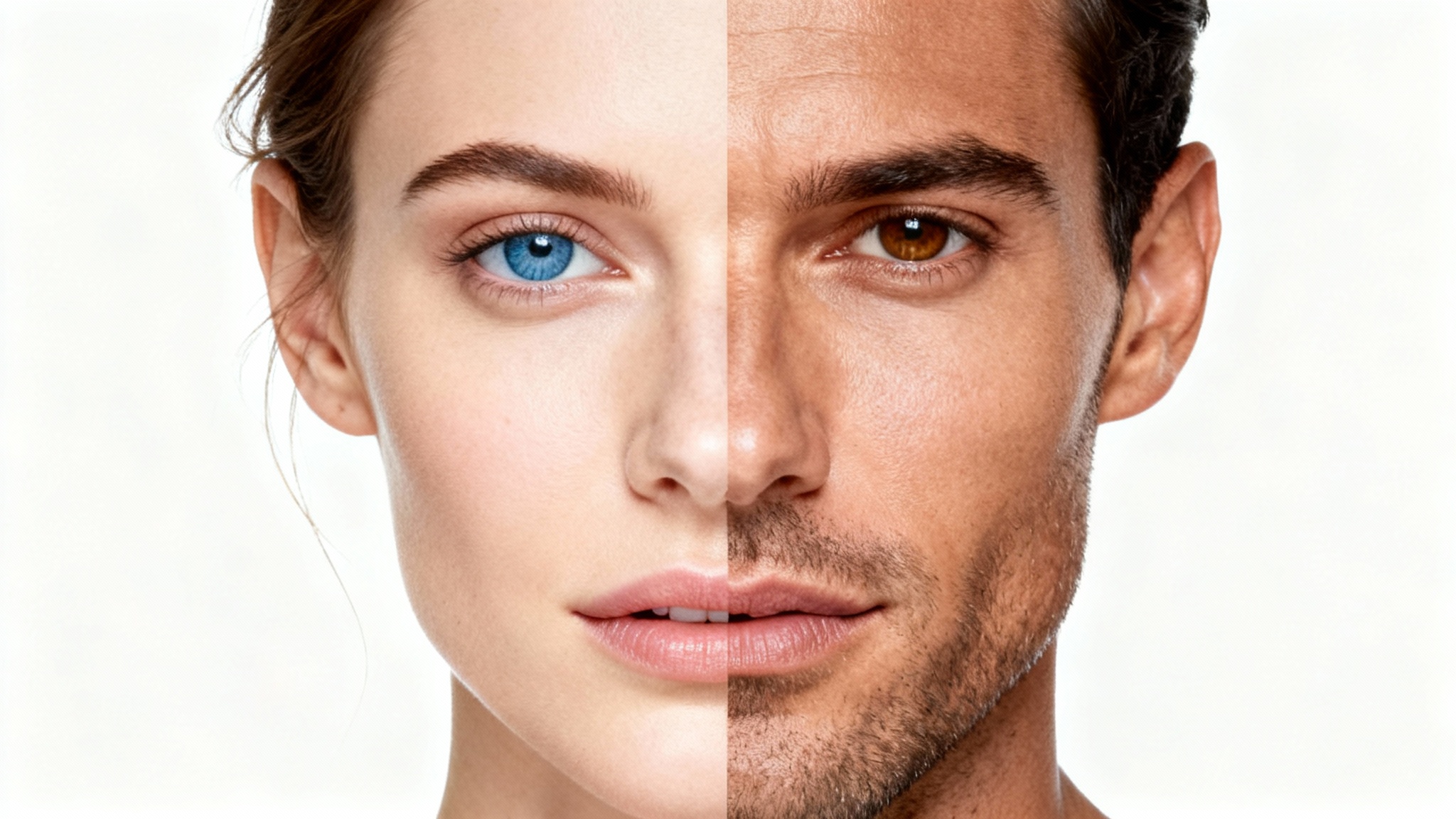 A photorealistic image illustrating a face merge, showing a single face perfectly split down the middle, with one half being a woman's face and the other a man's, seamlessly blended together against a white background.